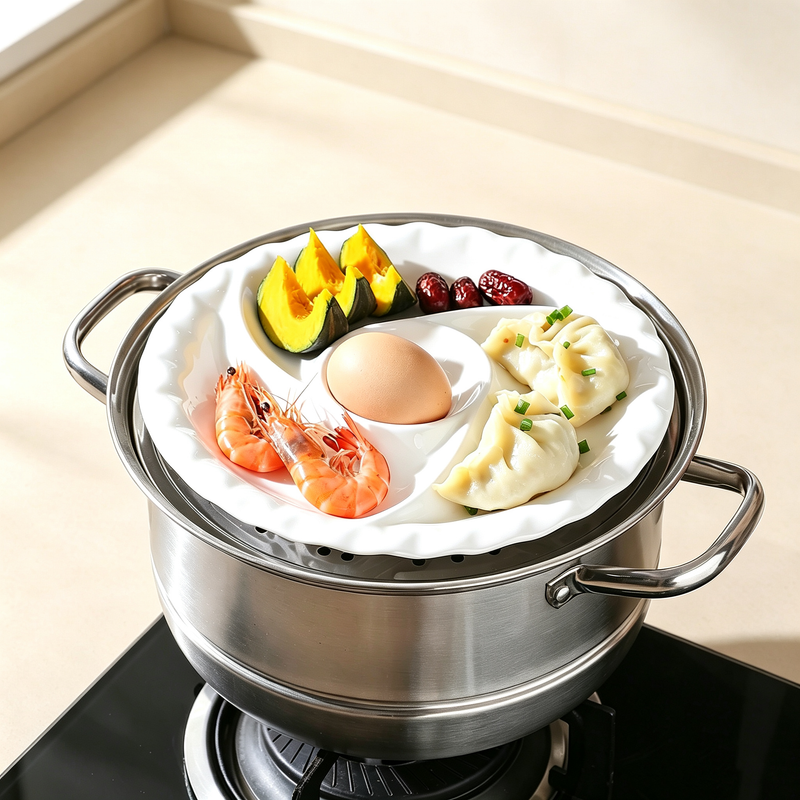 3-Compartment Ceramic Steaming Plate, Divided Breakfast Plate, Multi-grid Food Serving Tray for Steaming Dumpling Fruit, Oven Microwave Safe