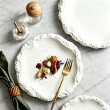 Creative White Stone Textured Rim Ceramic Plates, Irregular Wavy Porcelain Dinner Plates, Premium Tableware for Hotel Private Kitchen Western Restaurant Food Styling
