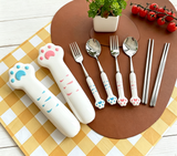 Cute Cat Paw Portable Cutlery Set, 304 Stainless Steel Spoon Fork Chopsticks with Storage Box, Travel Tableware for Students