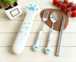 Cute Cat Paw Portable Cutlery Set, 304 Stainless Steel Spoon Fork Chopsticks with Storage Box, Travel Tableware for Students