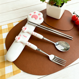 Cute Cat Paw Portable Cutlery Set, 304 Stainless Steel Spoon Fork Chopsticks with Storage Box, Travel Tableware for Students