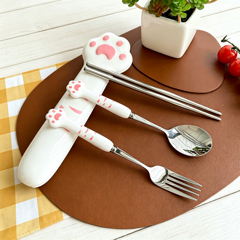 Cute Cat Paw Portable Cutlery Set, 304 Stainless Steel Spoon Fork Chopsticks with Storage Box, Travel Tableware for Students