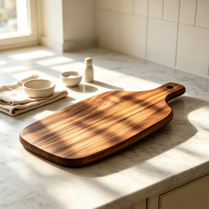 Solid Acacia Wood Steak Board with Handle, Heavy Duty Whole Wood Cutting Board, Commercial Restaurant Serving Platter for Bread Pizza Fruit
