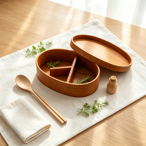 Japanese Oval Wooden Bento Box with 3 Compartments, Natural Solid Wood Lunch Container for Sushi, Fruits, Picnic, Office & Household Use