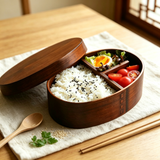 Japanese Oval Wooden Bento Box with 3 Compartments, Natural Solid Wood Lunch Container for Sushi, Fruits, Picnic, Office & Household Use